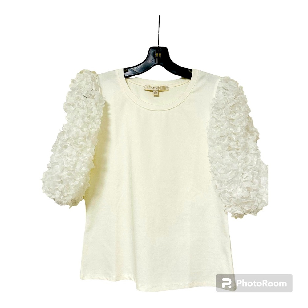 Anthropologie Rare Flat White Ruffle Sleeve Top Size M